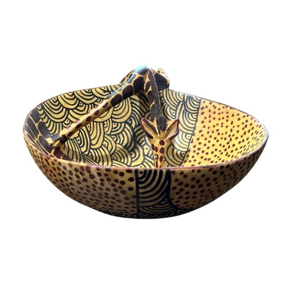 Other - Drinking Giraffe Bowl Wood Handcrafted African Folk Art Decorative Painted 7"